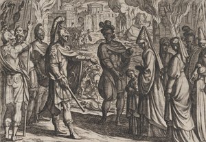 プレート 28: ケルン軍は、1611 年に公開された『R の戦争』より、シアリスの妻と妹をセリアリスに連れて行きます。 作： Antonio Tempesta