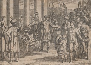 プレート 2: ゴーディアン ノットを切るアレクサンダー、「アレキサンダー大王の証書」より、1608 年。 作： Antonio Tempesta