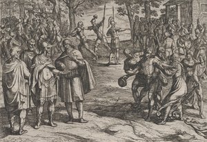 プレート 2: オランダの老人を人質に取り、若者を誘惑するローマ人、『戦争』より、1611 年。 作： Antonio Tempesta