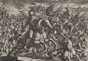 プレート 30: 「オランダ人をライン川に追いやるセリアリス」、「対ローマ戦争」、1611 年。 作： Antonio Tempesta