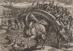 プレート 31: 馬から降りて川を泳ぐことを余儀なくされた市民、『ローマ人の戦争』より、1611 年。 作： Antonio Tempesta