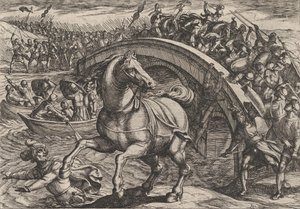 プレート 31: 馬から降りて川を泳ぐことを余儀なくされた市民、『ローマ人の戦争』より、1611 年。 作： Antonio Tempesta