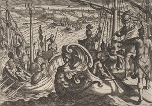 プレート 33: ライン川沿いのオランダとローマの小艦隊、「B に対するローマ人の戦争」、1611 年。 作： Antonio Tempesta