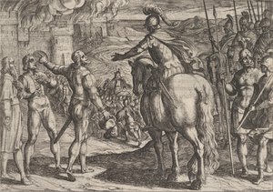 プレート 34: オランダの田園地帯を燃やすローマ人、『ローマ人に対する戦争』、1611 年。 作： Antonio Tempesta