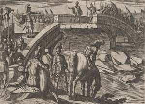 プレート 36: シビルスとセリアリスが壊れた橋で出会い、合意に達する、『... の戦争』、1611 年より。 作： Antonio Tempesta