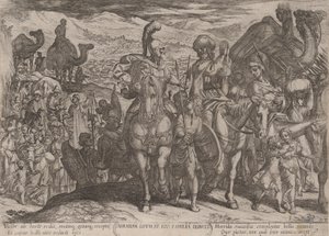 プレート 3: ロトとその家族を自分の土地に連れて行くアブラハム、「The Battles...」より。 1590年頃 1610年。