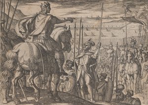 プレート 3: 「アレキサンダー大王の功績」より、1608 年にアレクサンダーが兵士たちに指示を出す。 作： Antonio Tempesta