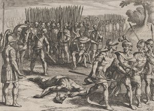 プレート 3: 逮捕されたクラウディウス シビリスと彼の兄弟パウルスが斬首された、『ロイの戦争』、1611 年。 作： Antonio Tempesta