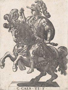 プレート 4: 馬に乗った皇帝ガイウス、「最初の 12 人のローマ皇帝」より、1596 年。 作： Antonio Tempesta