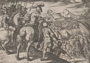 プレート 5: 戦いを指揮するアレクサンダー、「アレキサンダー大王の功績」より、1608 年。 作： Antonio Tempesta