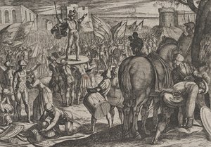プレート 5: 1611 年に出版された『ローマ人との戦争』より、ブルーノが任命した Caninefates の指導者。 作： Antonio Tempesta