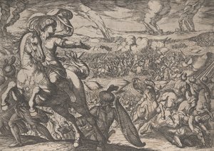 プレート 6: 「戦場から逃げるダリウス」、「アレキサンダー大王の功績」より、1608 年。 作： Antonio Tempesta
