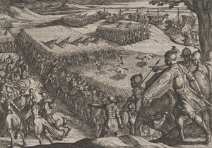 プレート 6: ライン川の近くで敗北したローマ人、『バタヴィア人に対するローマ人の戦争』より、1611 年。 作： Antonio Tempesta