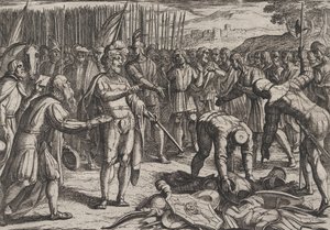 プレート 7: ドイツの使節がシビルスを訪問、『ローマ人のバタビア戦争に対する戦争』、1611 年。 作： Antonio Tempesta
