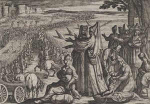 プレート 8: ローマ人と戦う市民を観察する女性と子供、「ローマ戦争」より、1611 年。 作： Antonio Tempesta