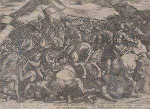プレート 9: 「The Battles of the Old...」より、アマレク人と戦うイスラエル人。 1590年頃 1610年。 作： Antonio Tempesta