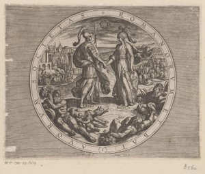 Rome en Batavia schudden elkaar de hand ローマ人とオランダ人の協会 (オブジェクトのタイトル) De Bataafse oorlogen tegen de Romeinen (シリーズタイトル) オランダ軍とローマ軍の戦い (シリーズタイトル) 作： Antonio Tempesta
