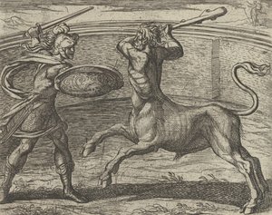 テセウスとミノタウロス ミノタウルム テセウス ヴィンチット、『メタモルフォス...』、1606 年以降に出版。