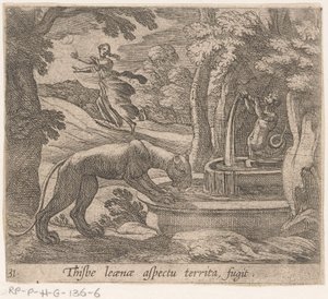 Thisbe vlucht voor the leeuwin by the bron Thisbe 領域の側面 fugit (オブジェクトのタイトル) 変身と変身（連載タイトル） The Metamorphoses of Ovid (シリーズタイトル) 作： Antonio Tempesta