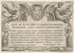 シリーズ「ヘラクレスの労働者」のタイトルプレート、枢機卿フランチェスコMa ...、1608年。 作： Antonio Tempesta