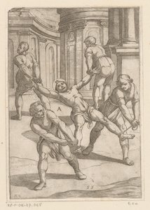 四人の男が聖人の手足を引っ張る キリシタン殉教者の拷問（シリーズタイトル） Varia tormentorum et supplicioru Crudulium (...) (シリーズタイトル)