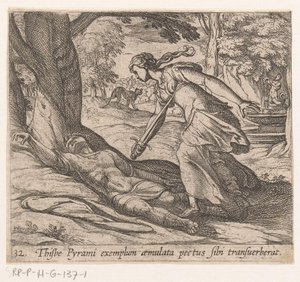 ゼルフムーア・ヴァン・ティスベ Thijsbe は Pyramus (オブジェクトのタイトル) の例の後に彼の胸を横断しました。 Metamorphoseon または変換 (シリーズ タイトル) Metamorfosen van Ovidius (シリーズタイトル) 作： Antonio Tempesta