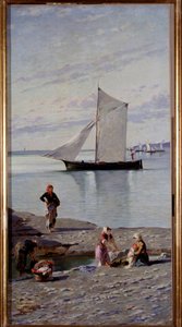 イタリア、ゲネス近郊のビザーニョ川のほとりのラヴァンディエール アントニオ・ヴァルニ（1841-1908）の絵画 1891年 ゲネス、ガレリア・ダルテ・モデルナ、inv 0236 作： Antonio Varni