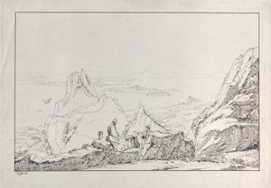 前景に 2 人の男性がいる山岳風景、1828 年。 作： Antonio Vianello