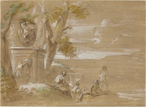 座っている兵士と漁師のいる風景 作： Antonio Visentini
