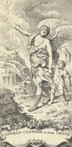 天使が少年を導き、雲に向かって身振りをしている。 1708-82。 作： Antonio Visentini