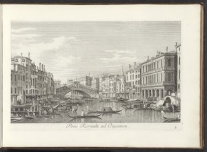 Gezicht op het Canal Grande en de Rialtobrug te Venetië 東へのリヴォルティ橋 (オブジェクトのタイトル) アントニオ・ヴィッセンティーニによって真鍮に印刷されたアントニウス・カナルの 38 枚のパネルから、ヴェネツィアの街の最も有名な景色が 3 つの部分に分けられています。 2番目の部分（ser 作： Antonio Visentini