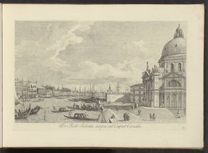 Gezicht op het Canal Grande en de Santa Maria della Salute te Venetië 救いの家から運河の頭まで (オブジェクトのタイトル) アントニオ ヴィッセンティーニが真鍮に印刷したアントニウス カナルの 38 枚のパネルから、ヴェネツィアの街の最も有名な景色を 3 つの部分に分けて