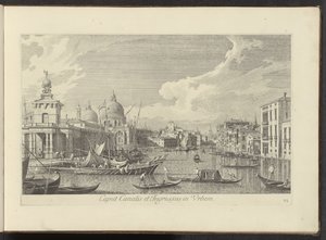 Gezicht op het Canal Grande te Venetië 運河の頭と市への入り口 (オブジェクトのタイトル) アントニオ・ヴィッセンティーニによって真鍮に印刷されたアントニウス・カナルの 38 枚のパネルから、ヴェネツィアの街の最も有名な景色が 3 つの部分に分けられています。 パート1（シリーズタイトル