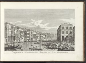 Gezicht op het Canal Grande te Venetië Rivoalti の下部構造から Aedes Civranorum までの眺め (オブジェクトのタイトル) アントニオ・ヴィッセンティーニによって真鍮に印刷されたアントニウス・カナルの 38 枚のパネルから、ヴェネツィアの街の最も有名な景色が 3 つの部分に分けられています。 p 作： Antonio Visentini
