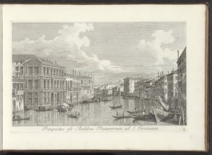 Gezicht op het Canal Grande te Venetië ピサの家から聖エレミヤまでの眺め (オブジェクトのタイトル) アントニオ・ヴィッセンティーニによって真鍮に印刷されたアントニウス・カナルの 38 枚のパネルから、ヴェネツィアの街の最も有名な景色が 3 つの部分に分けられています。 第二部