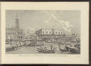 Gezicht op het Canal Grande te Venetië met de Bucintoro van de doge 昇天の日のブケンタウルスとヌンディネ ヴェネタエ (オブジェクトのタイトル) アントニオ ヴィッセンティーニがオンエアで印刷した、アントニウス カナルの 38 枚のパネルからのベニスの街の最も有名な景色 作： Antonio Visentini