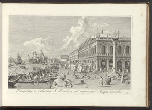 Hoek van het San Marcoplein met de Biblioteca Marciana 聖セオドアの柱から大運河の入り口までの眺め (オブジェクトのタイトル) アントニオ・ヴィッセンティーニがパーツ t で印刷した、アントニウス運河の真鍮製の 38 枚のパネルからの、ヴェネツィアの街の最も有名な景色