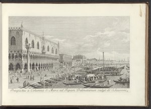 Hoek van het San Marcoplein met het Dogepaleis en de zuil met de Leeuw van Venetië 聖マルコの柱からダルマチア銀行への眺め vulgò de