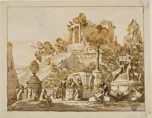 丘の上に廃墟となった寺院、その下に女性像のある古典的な風景 作： Antonio Zucchi