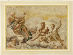聖ペテロと他の着席の使徒たち、その下には伝道者聖ヨハネがいる 作： Antonio da Correggio