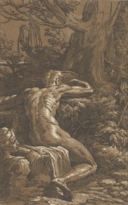 水仙の後ろから見た座っている男性、カリフォルニア州。 1527-30。 作： Antonio da Trento
