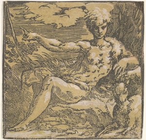 砂漠のバプテスマの聖ヨハネ、彼の側の子羊、約。 1527-30。 作： Antonio da Trento