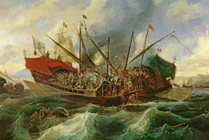 1571年のホーリーリーグとトルコの間のレパントの海戦（キャンバスに油彩）（詳細）