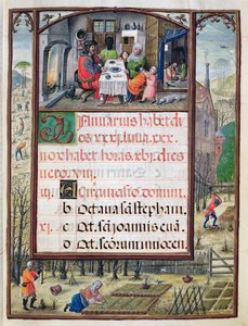 1月、「ドムマヌエルの時間の書」、1517-38年のミニチュア（ベラムのテンペラ）