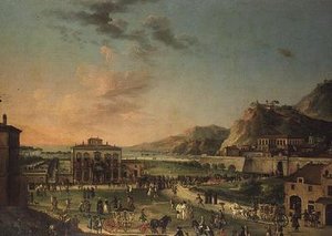 2つのシチリアの王シャルル3世がポルティチの別荘からローマのファルネーゼ宮までの旅を描いたカプリッチョのパノラマ写真 作： Antonio de dipi (attr. to) Joli