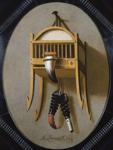 鳥類の鳥かごと笛のあるトロンペルイユ、17世紀 作： Antonius Leemans