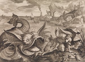 ジョナ・キャスト・オン・ショア・バイ・ザ・フィッシュ、約。 1585年 作： Antonius Wierix
