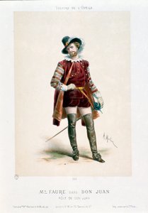 ヴォルフガング・アマデウス・モーツァルト（1756-1791）の同名のオペラ「ドン・ジョヴァンニ」（Don Giovanni）をパリのオペラ劇場で上演中の歌手ジャン＝バティスト（Jean Baptiste）・フォール（1830-1914）。アントニー・モーロン（1834-1914）のリトグラフ。 作： Antony Paul Emile Morlon
