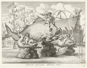 巨大な魚に乗ったトリトンの光景。 1635年、フェルディナンドのゲント入城 Pontvs Qvoqve ナプキン illi (オブジェクトのタイトル) 作： Antony van der Does