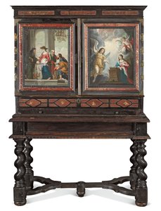 キャビネット（金箔-金属、小包-金箔、べっ甲、黒檀、象牙、黒檀、日本製、銅の絵付き） 作： Antwerp School